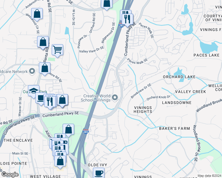 map of restaurants, bars, coffee shops, grocery stores, and more near 2151 Cumberland Parkway Southeast in Atlanta