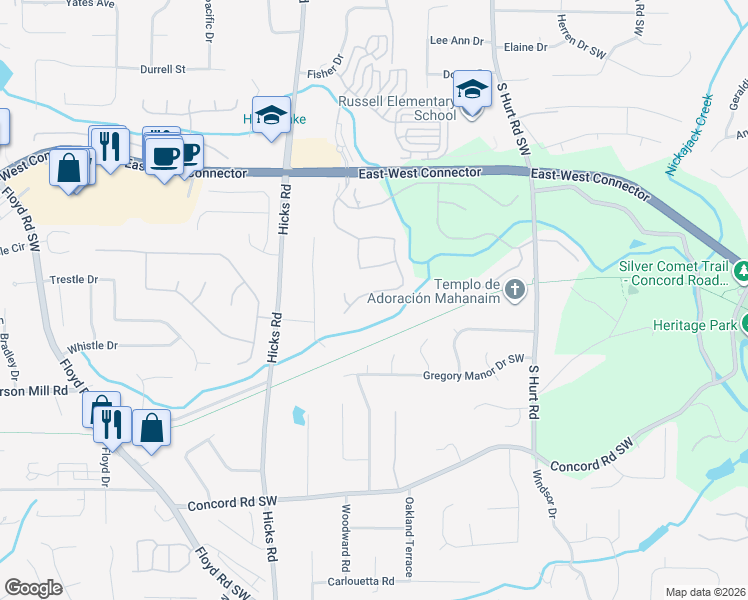 map of restaurants, bars, coffee shops, grocery stores, and more near 4225 Barnes Meadow Road Southwest in Smyrna