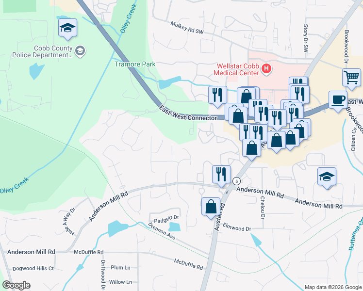 map of restaurants, bars, coffee shops, grocery stores, and more near 4251 Anderson Ridge Way in Austell