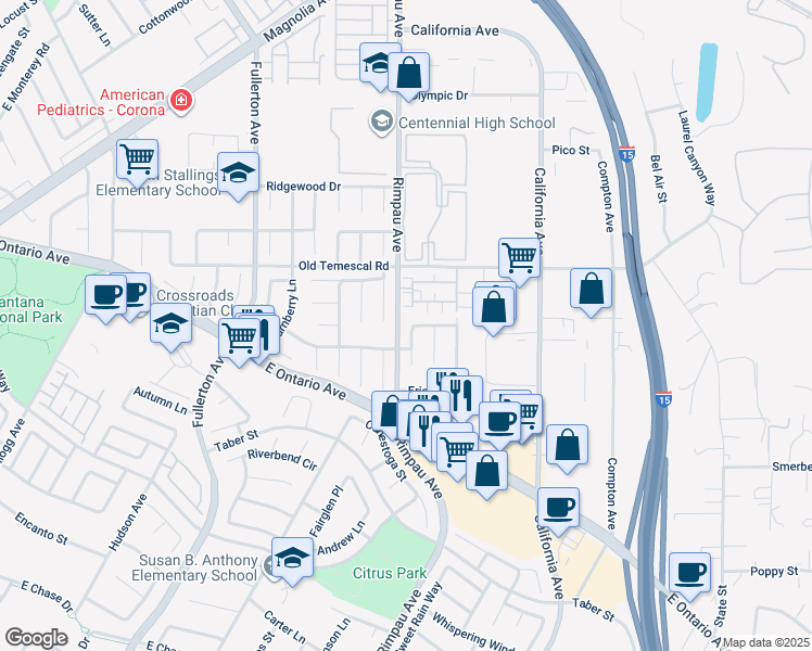 map of restaurants, bars, coffee shops, grocery stores, and more near 2040 Begley Drive in Corona