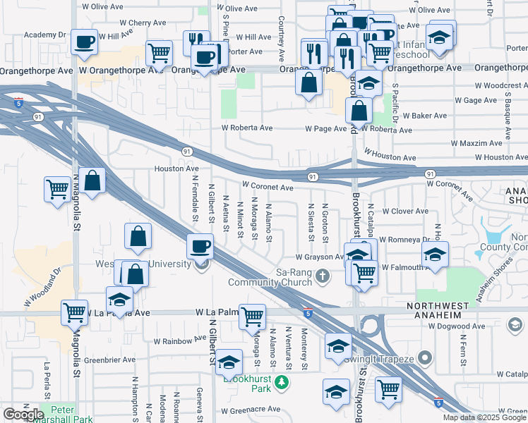map of restaurants, bars, coffee shops, grocery stores, and more near 1313 North Alamo Street in Anaheim