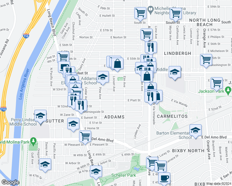 map of restaurants, bars, coffee shops, grocery stores, and more near 311 East Mountain View Street in Long Beach