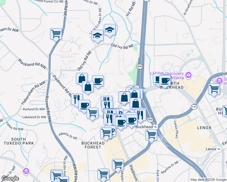 map of restaurants, bars, coffee shops, grocery stores, and more near 34 Ivy Chase Northeast in Atlanta
