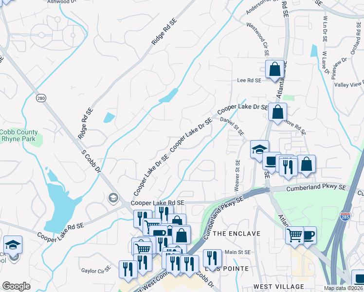 map of restaurants, bars, coffee shops, grocery stores, and more near 1893 Cooper Landing Drive Southeast in Smyrna