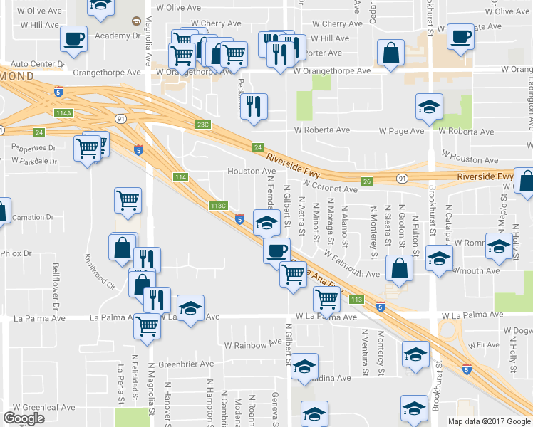 map of restaurants, bars, coffee shops, grocery stores, and more near 1323 North Ferndale Street in Anaheim