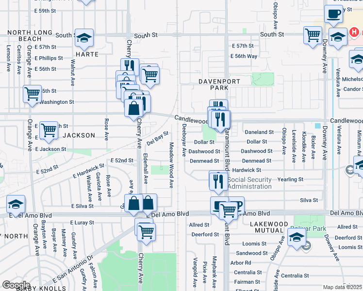 map of restaurants, bars, coffee shops, grocery stores, and more near 5213 Deeboyar Avenue in Lakewood