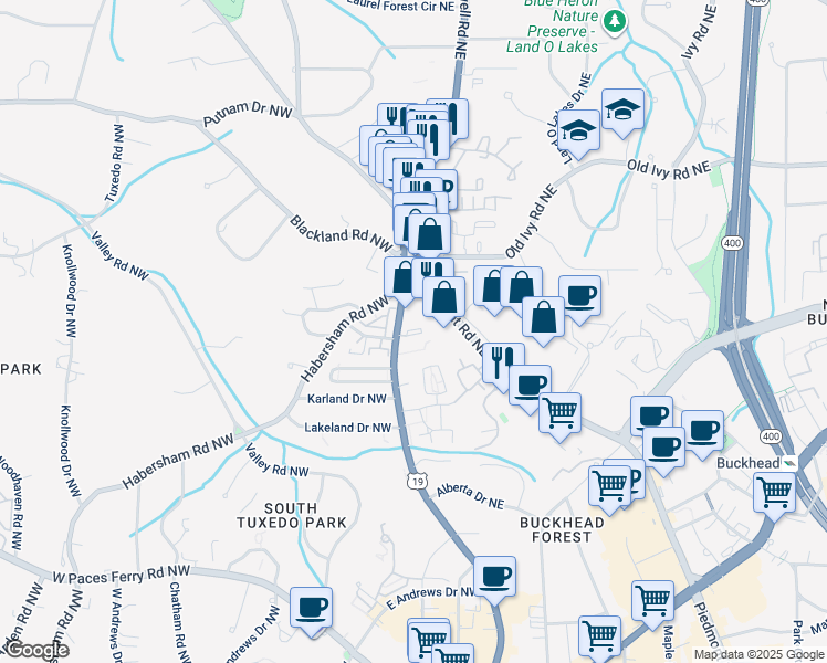 map of restaurants, bars, coffee shops, grocery stores, and more near 3541 Roswell Road Northeast in Atlanta