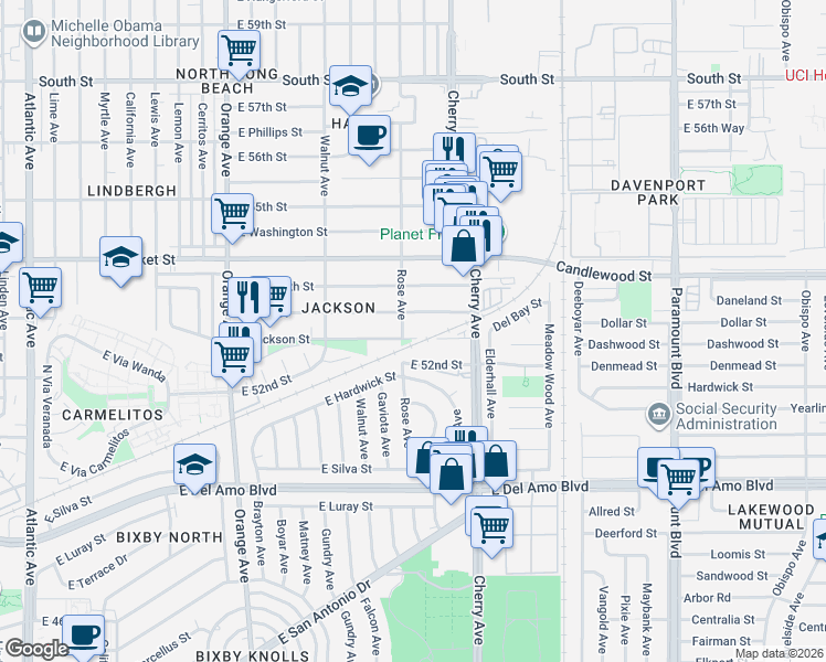 map of restaurants, bars, coffee shops, grocery stores, and more near 1819 E Jackson St in Long Beach