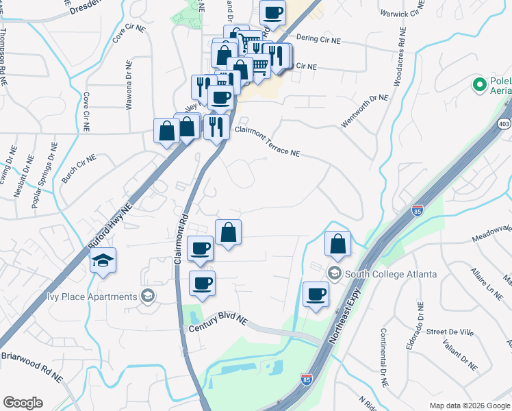 map of restaurants, bars, coffee shops, grocery stores, and more near 1908 Shalimar Drive Northeast in Atlanta
