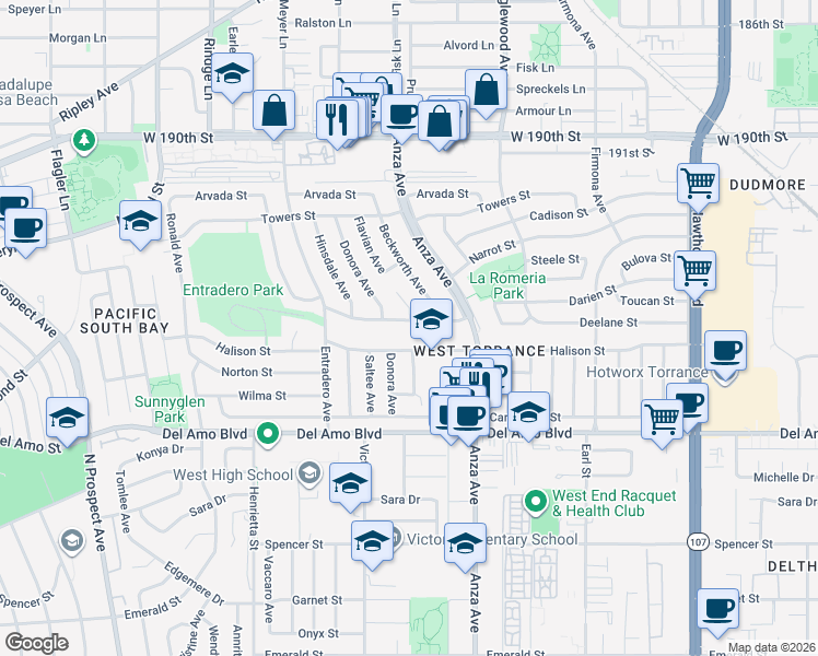 map of restaurants, bars, coffee shops, grocery stores, and more near 5100 Deelane Street in Torrance