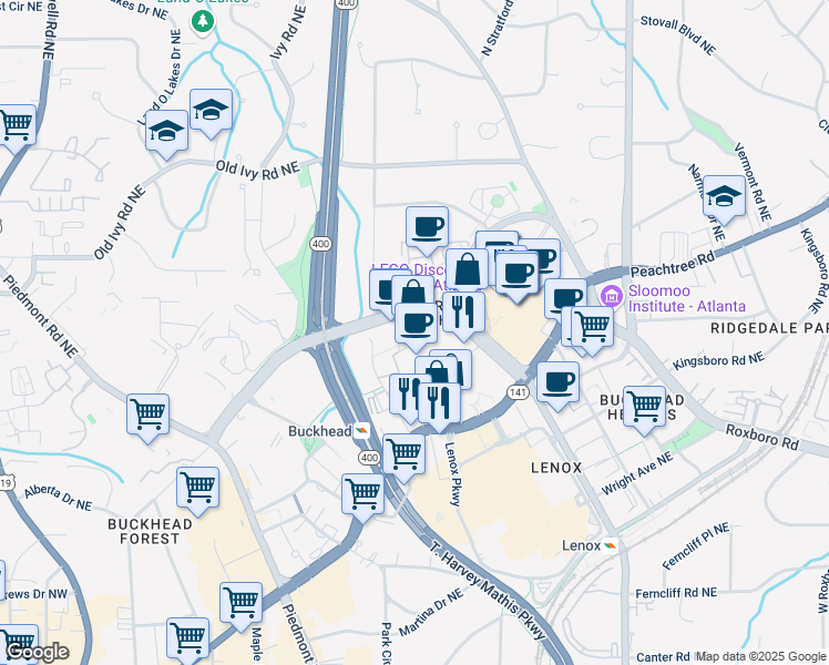 map of restaurants, bars, coffee shops, grocery stores, and more near 3500 Lenox Road Northeast in Atlanta