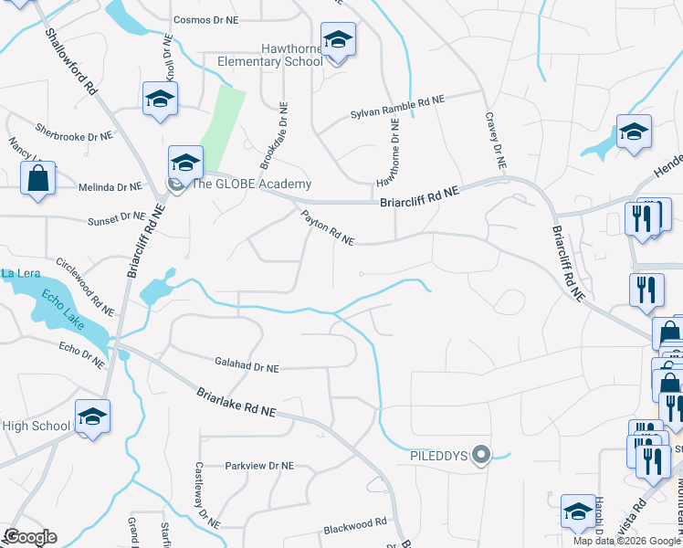 map of restaurants, bars, coffee shops, grocery stores, and more near 2295 Bry Mar Drive Northeast in Atlanta