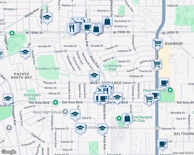 map of restaurants, bars, coffee shops, grocery stores, and more near 5022 Deelane Street in Torrance