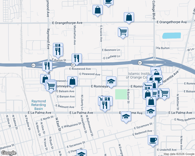 map of restaurants, bars, coffee shops, grocery stores, and more near 1470 East Kenwood Avenue in Anaheim