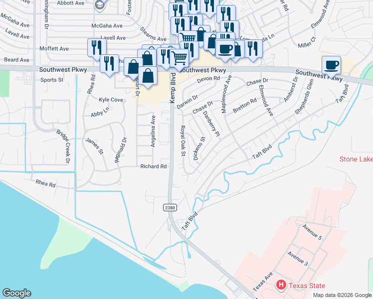 map of restaurants, bars, coffee shops, grocery stores, and more near 4821 Royal Oak Street in Wichita Falls