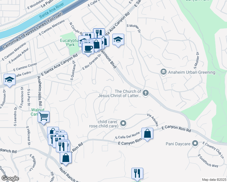 map of restaurants, bars, coffee shops, grocery stores, and more near 330 South Whitestone Drive in Anaheim