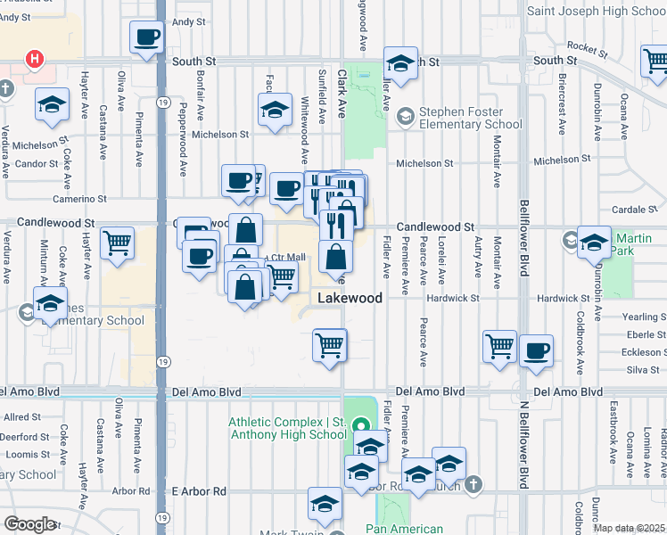 map of restaurants, bars, coffee shops, grocery stores, and more near 5201 Clark Avenue in Lakewood