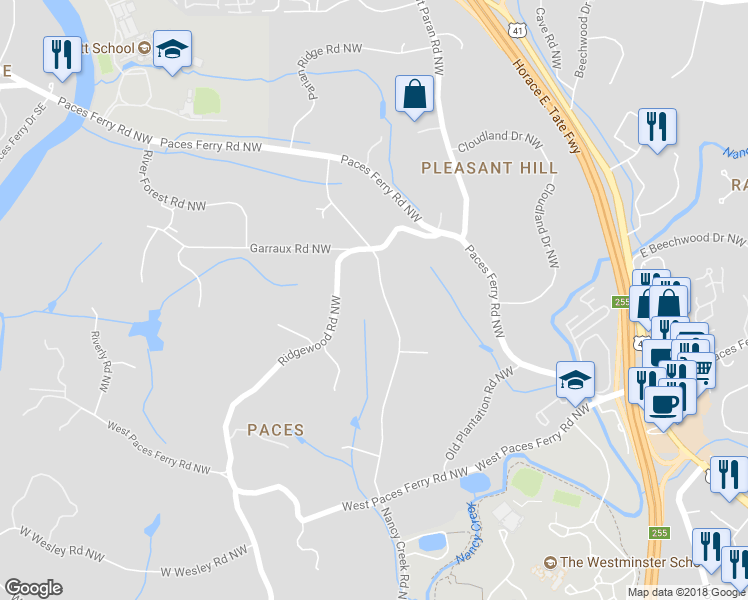 map of restaurants, bars, coffee shops, grocery stores, and more near 3542 Nancy Creek Road Northwest in Atlanta