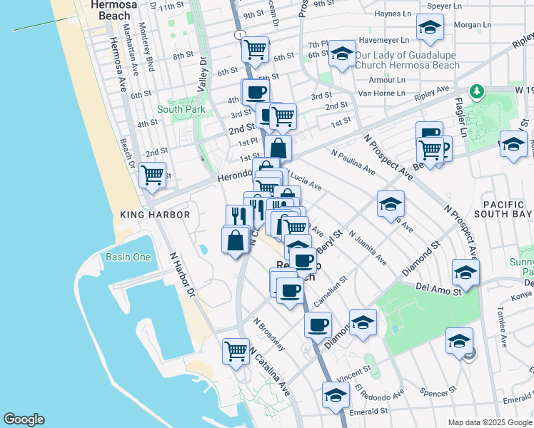 map of restaurants, bars, coffee shops, grocery stores, and more near 615 North Pacific Coast Highway in Redondo Beach