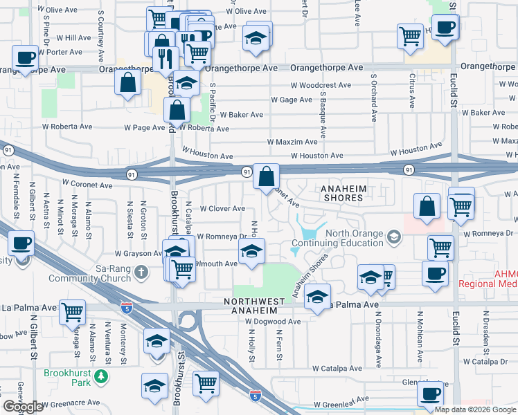 map of restaurants, bars, coffee shops, grocery stores, and more near 1240 North Holly Street in Anaheim