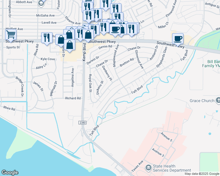 map of restaurants, bars, coffee shops, grocery stores, and more near 2709 Amherst Drive in Wichita Falls
