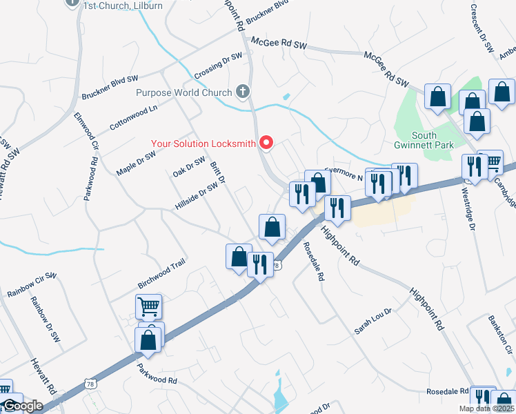 map of restaurants, bars, coffee shops, grocery stores, and more near 2024 Britt Drive in Snellville