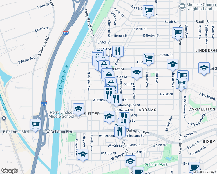 map of restaurants, bars, coffee shops, grocery stores, and more near 5282 Long Beach Boulevard in Long Beach