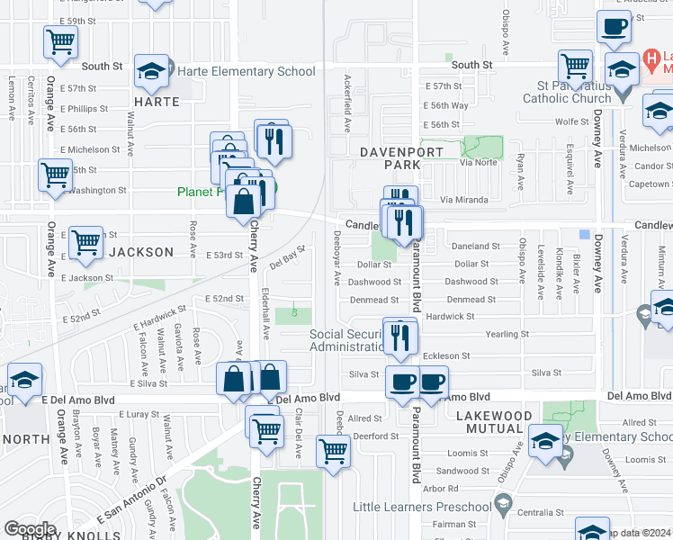 map of restaurants, bars, coffee shops, grocery stores, and more near 5213 Deeboyar Avenue in Lakewood