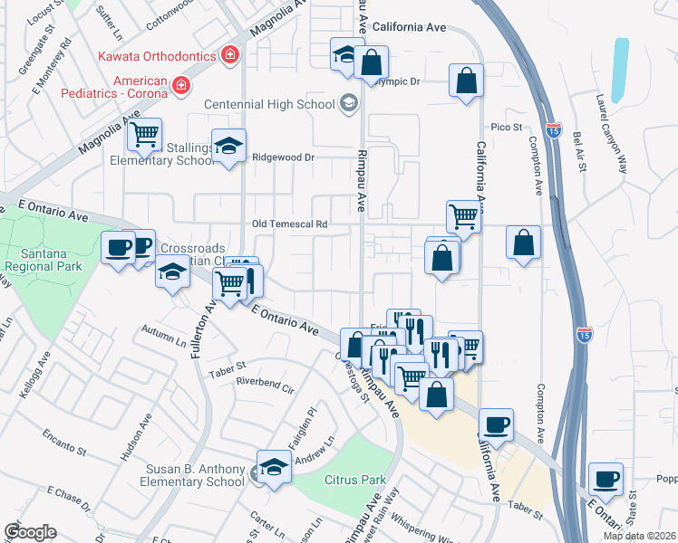 map of restaurants, bars, coffee shops, grocery stores, and more near 2157 Brighton Circle in Corona