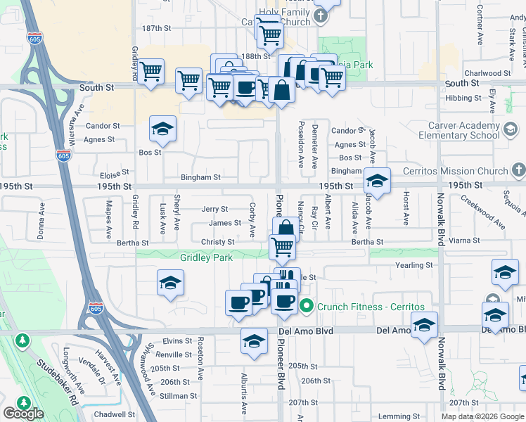 map of restaurants, bars, coffee shops, grocery stores, and more near 19609 Nicholas Avenue in Cerritos