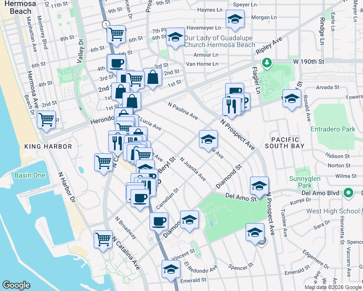 map of restaurants, bars, coffee shops, grocery stores, and more near 708 North Juanita Avenue in Redondo Beach