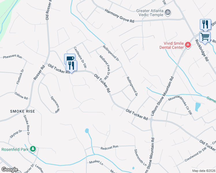 map of restaurants, bars, coffee shops, grocery stores, and more near 615 Old Tucker Road in Stone Mountain