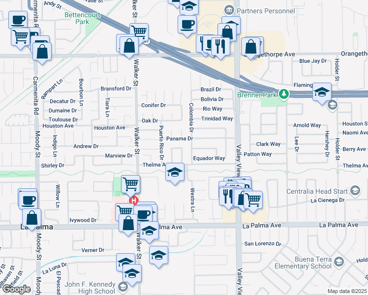 map of restaurants, bars, coffee shops, grocery stores, and more near 7572 Mexico Way in Buena Park