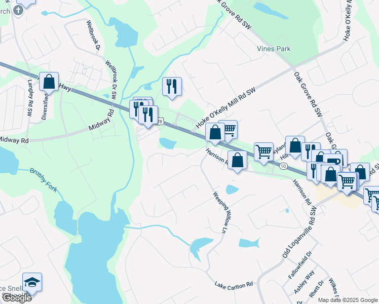 map of restaurants, bars, coffee shops, grocery stores, and more near 405 Aristocrat Drive Southwest in Loganville