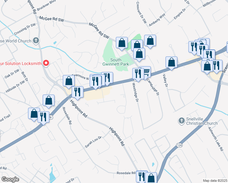 map of restaurants, bars, coffee shops, grocery stores, and more near 2240 Walton Court in Snellville