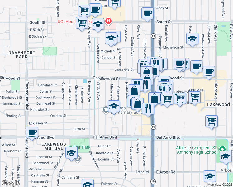 map of restaurants, bars, coffee shops, grocery stores, and more near 5203 Coke Avenue in Lakewood
