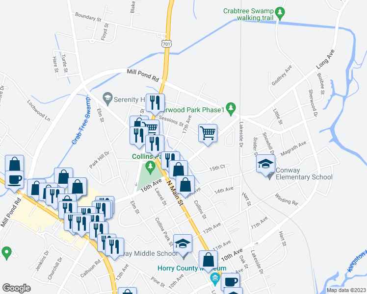 map of restaurants, bars, coffee shops, grocery stores, and more near 1607 Mc Keithan Street in Conway