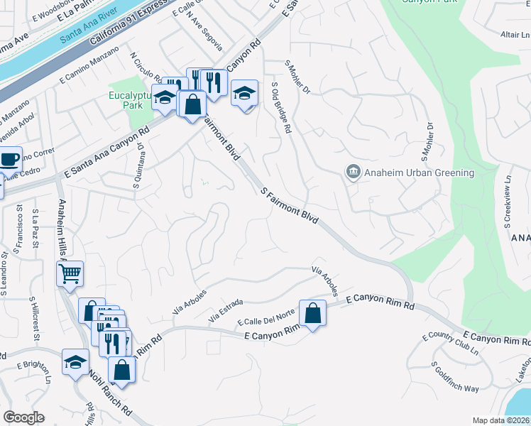 map of restaurants, bars, coffee shops, grocery stores, and more near 6681 East Canyon Hills Road in Anaheim