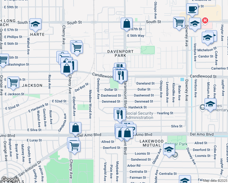 map of restaurants, bars, coffee shops, grocery stores, and more near 2606 Dollar Street in Lakewood