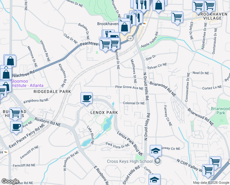 map of restaurants, bars, coffee shops, grocery stores, and more near 2308 Colonial Drive Northeast in Atlanta