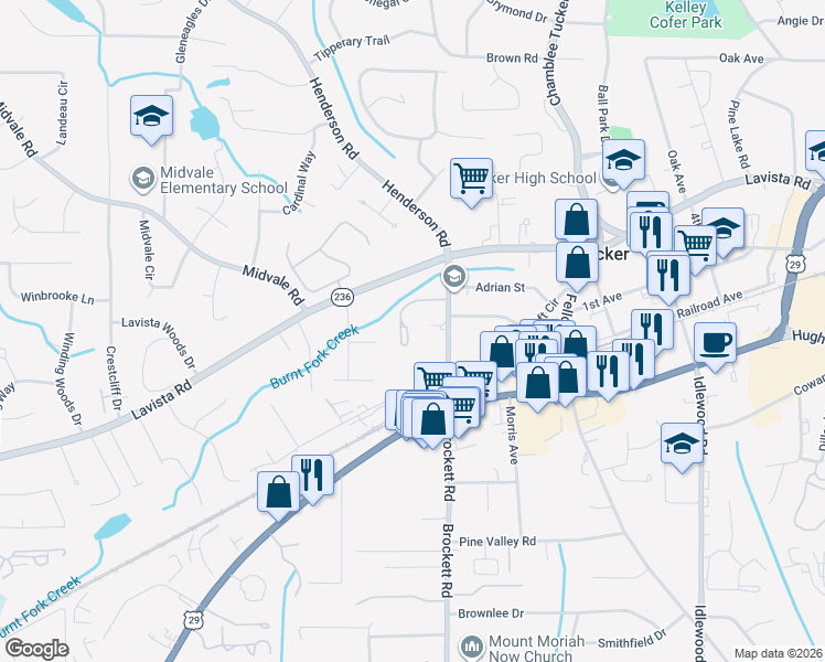 map of restaurants, bars, coffee shops, grocery stores, and more near 3975 Chelsea Common in Tucker