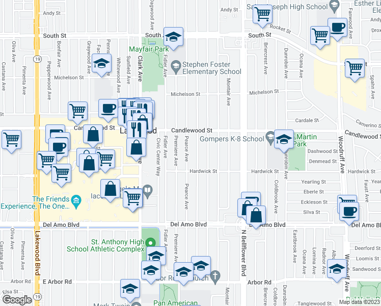 map of restaurants, bars, coffee shops, grocery stores, and more near 5142 Pearce Avenue in Lakewood