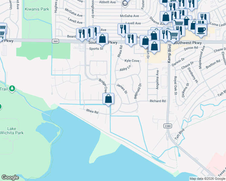 map of restaurants, bars, coffee shops, grocery stores, and more near 4816 Rhea Rd in Wichita Falls