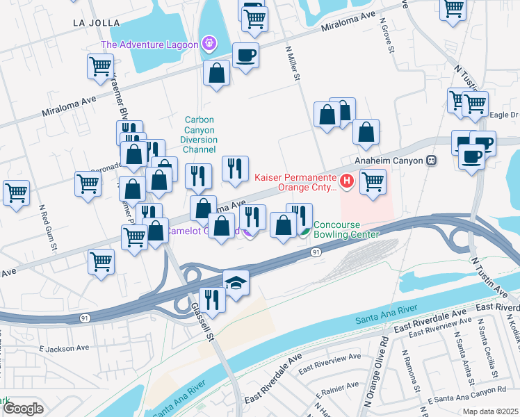 map of restaurants, bars, coffee shops, grocery stores, and more near 3320 East La Palma Avenue in Anaheim