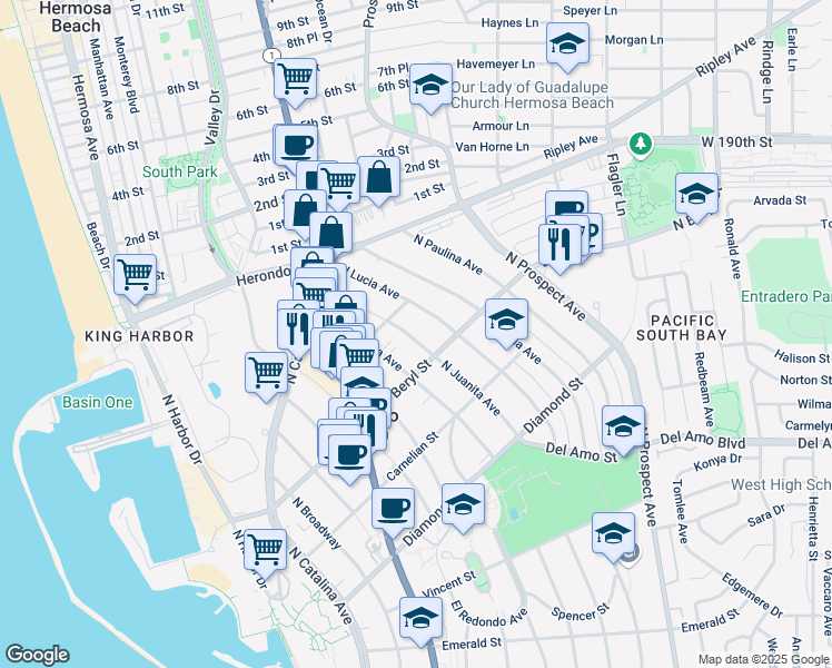 map of restaurants, bars, coffee shops, grocery stores, and more near 714 North Juanita Avenue in Redondo Beach