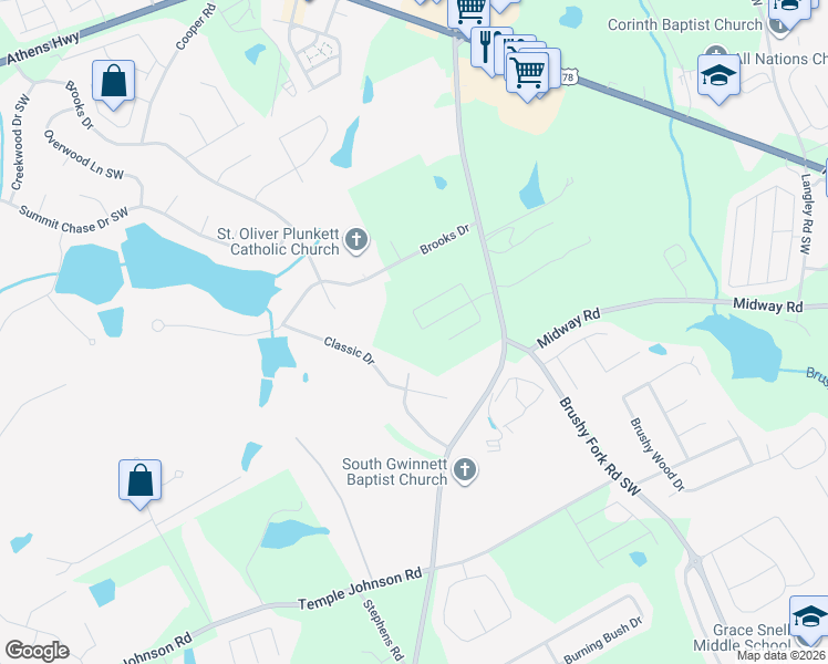 map of restaurants, bars, coffee shops, grocery stores, and more near 1200 Rose Terrace Circle in Loganville