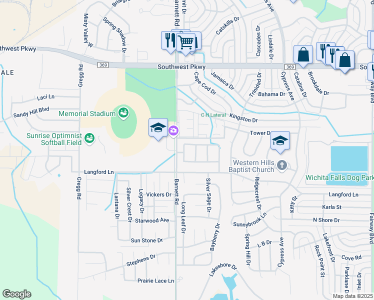 map of restaurants, bars, coffee shops, grocery stores, and more near 4935 Whisper Wind Dr in Wichita Falls