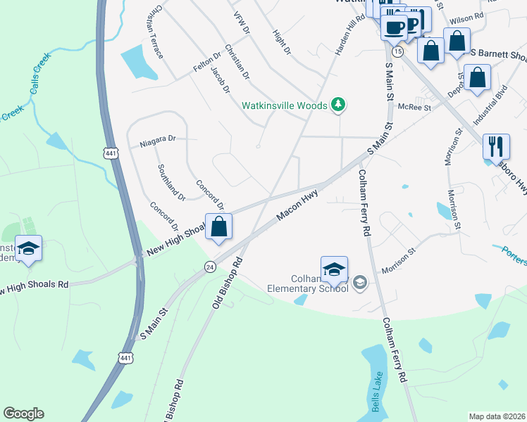 map of restaurants, bars, coffee shops, grocery stores, and more near 130A Harden Hill Road in Watkinsville