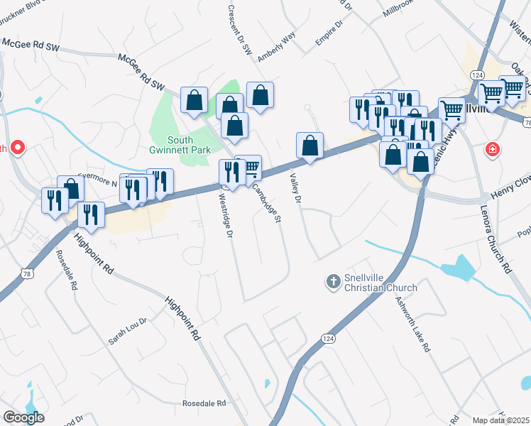 map of restaurants, bars, coffee shops, grocery stores, and more near 2261 Sussex Court in Snellville