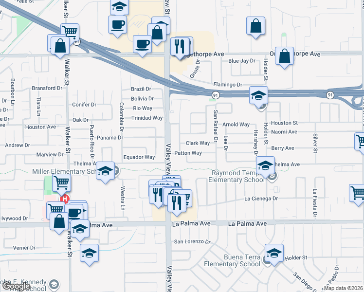 map of restaurants, bars, coffee shops, grocery stores, and more near 7606 Bradley Drive in Buena Park